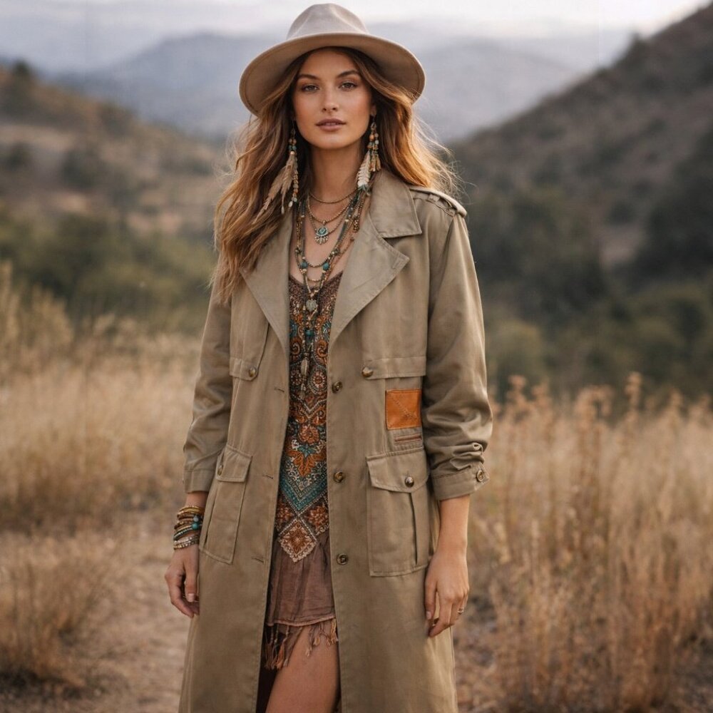 Together Military Green Leather Detail Long Duster Trench Style Coat Size 10